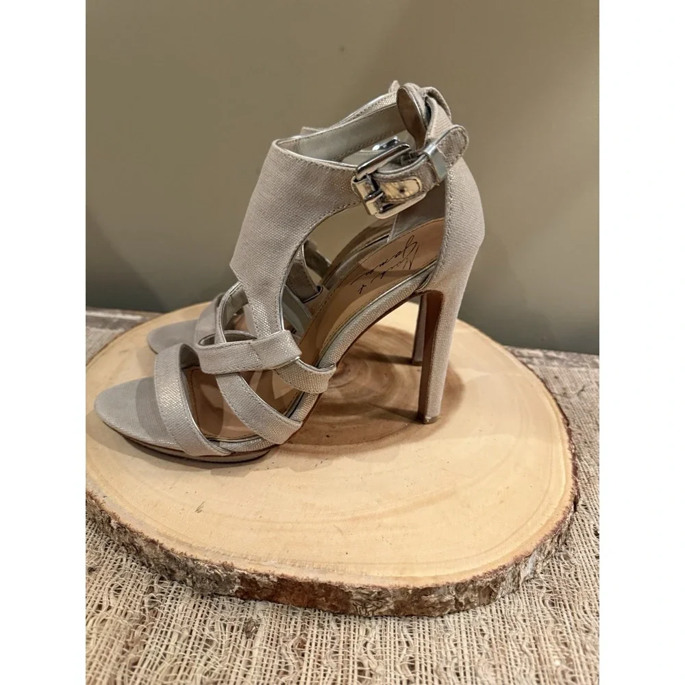 MARK & JAMES by BADGLEY MISCHKA Shimmer Beige Cross Strappy Stiletto Heels Sz-10